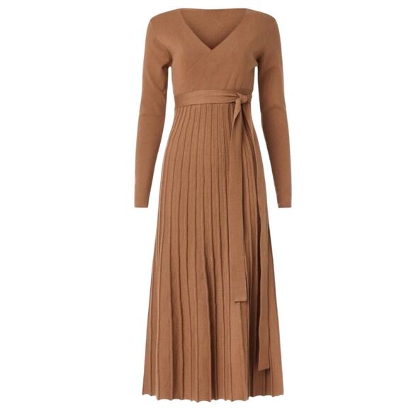Area Stars Camel Brown Knit Wrap Dress Long Sleeve Ribbed Midi Women’s Small - Picture 2 of 10